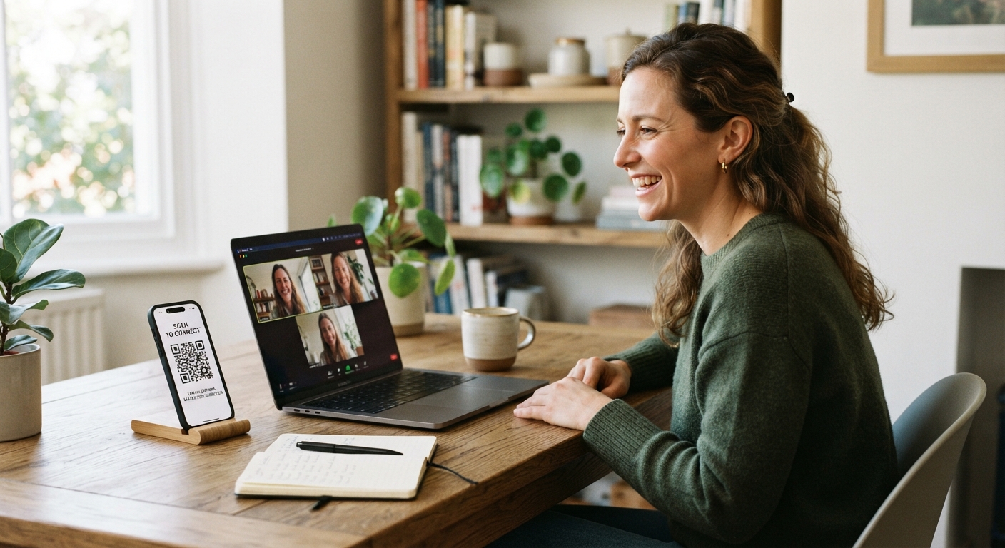 Mastering Virtual Networking: How to Build Lasting Professional Relationships Online Professional woman engaging in virtual networking on a laptop with a digital business card displayed on her phone.